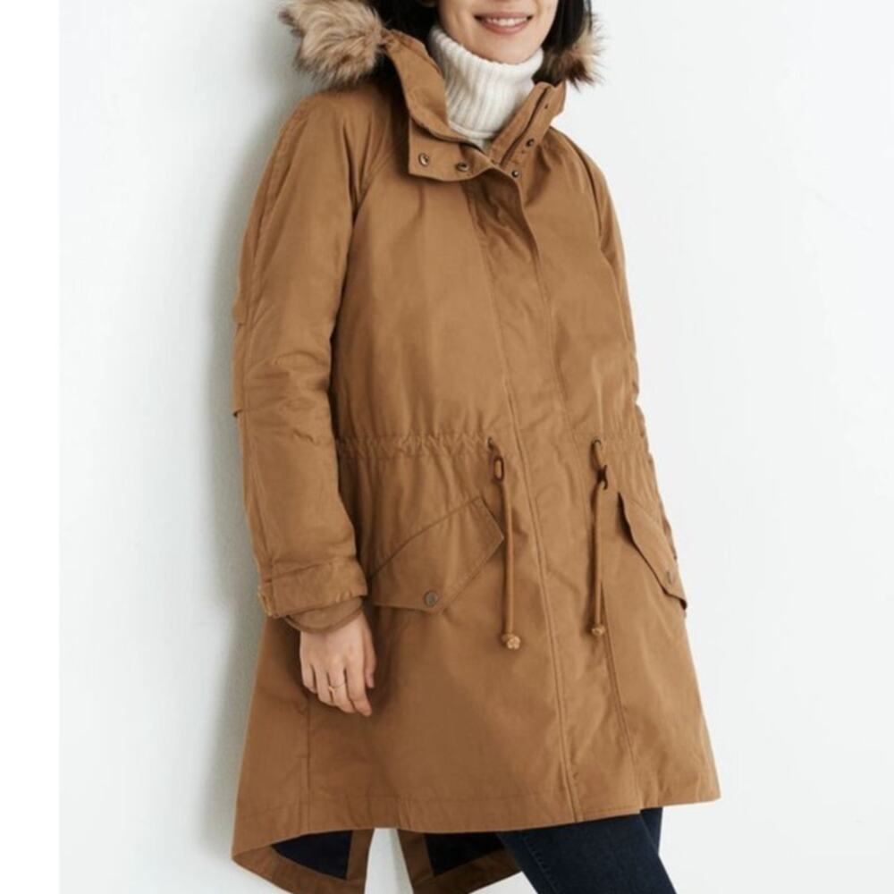 Madewell Women's Coat Nylon Vancouver Parka Medium Khaki Faux Fur Hood Winter
